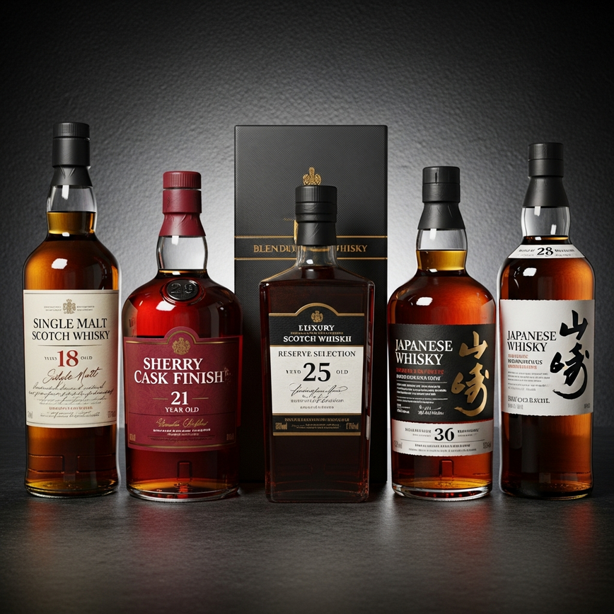 To visually represent the 'Premium Whisky Collection' section, showcasing a variety of high-end whiskies available as prestigious New Year gifts.