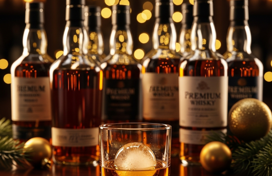 A festive lineup of nine premium complex whisky bottles arranged on a bar for a Christmas celebration, representing the 'Nine Ladies Dancing' theme.