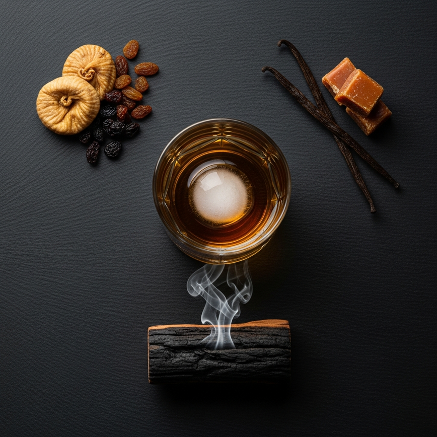 To visually explain the concept of whisky complexity by showing a glass of whisky surrounded by the ingredients that represent its layered flavor profile (e.g., sherry, bourbon, and peat influences).