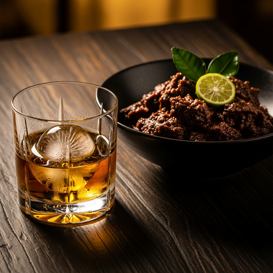 To illustrate the article's unique section on 'Bold Malaysian Food Pairings' by showcasing a premium whisky paired with the iconic Malaysian dish, Beef Rendang.