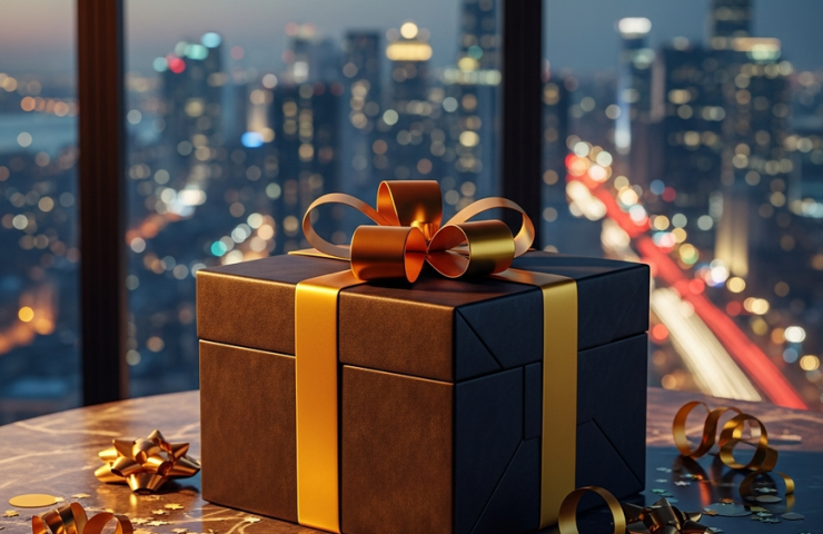 A premium liquor gift box on a marble table, symbolizing urgent same-day delivery for New Year's Eve in Klang Valley, Malaysia.
