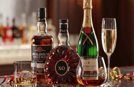 A luxurious arrangement of premium whisky, cognac, and champagne bottles with corresponding crystal glassware, set against a festive backdrop for a 2026 New Year liquor gifting guide.