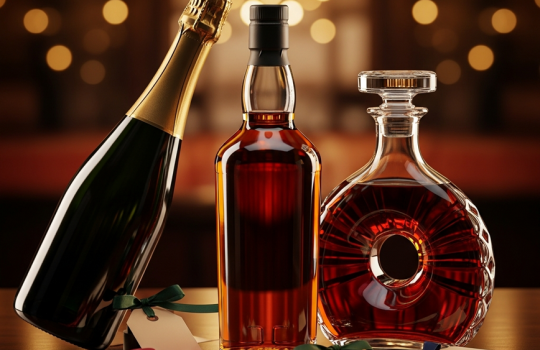 A sophisticated lineup of premium whisky, champagne, and cognac bottles arranged on a dark bar for a Malaysian New Year 2026 liquor gift price guide.