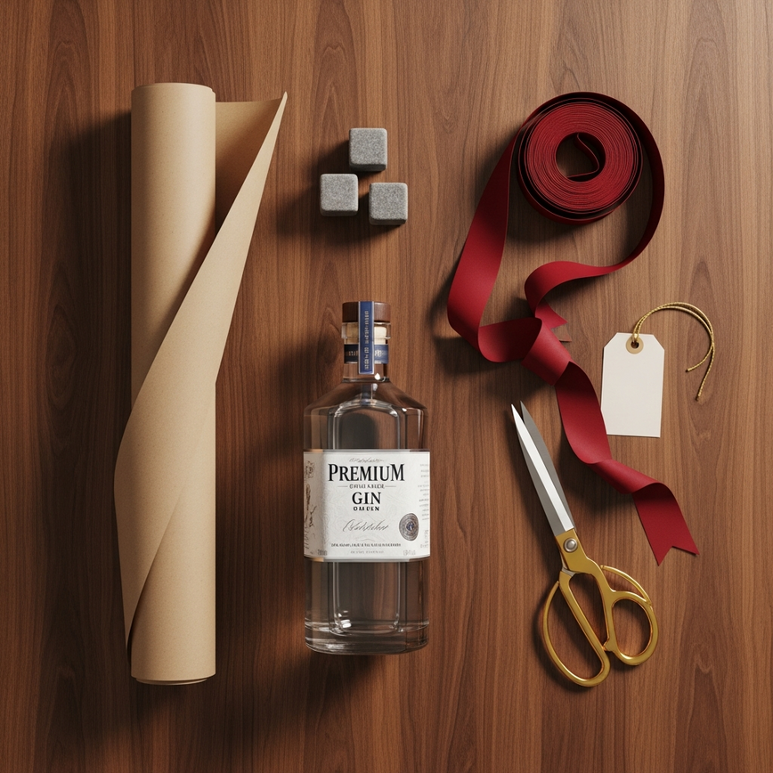 To illustrate the 'DIY Liquor Gift Creation' process, showcasing the essential high-quality materials needed for a personalized and thoughtful gift.
