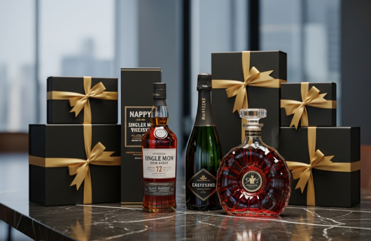 A luxurious arrangement of premium whisky, champagne, and cognac bottles with elegant black and gold gift boxes on a marble table, representing corporate liquor gifts for New Year 2026.