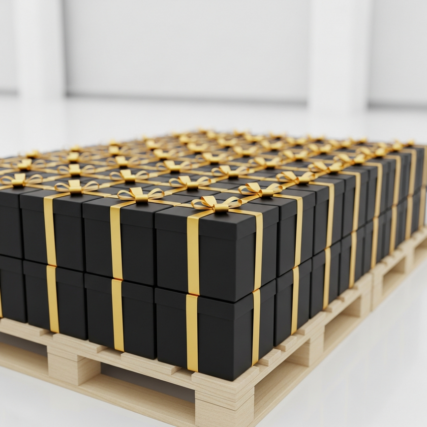 Neatly stacked rows of identical, professionally wrapped corporate gift boxes on a pallet, ready for bulk delivery in a clean logistics environment.