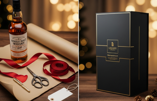 A split image comparing DIY liquor gift wrapping materials on the left and a professional, curated liquor gift box on the right, for a New Year 2026 article.