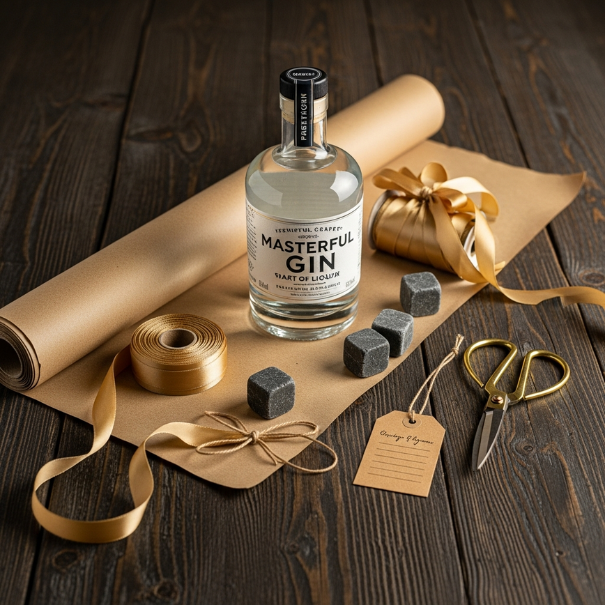 An arrangement of high-quality DIY gift wrapping materials including a gin bottle, kraft paper, gold ribbon, and scissors on a wooden table.