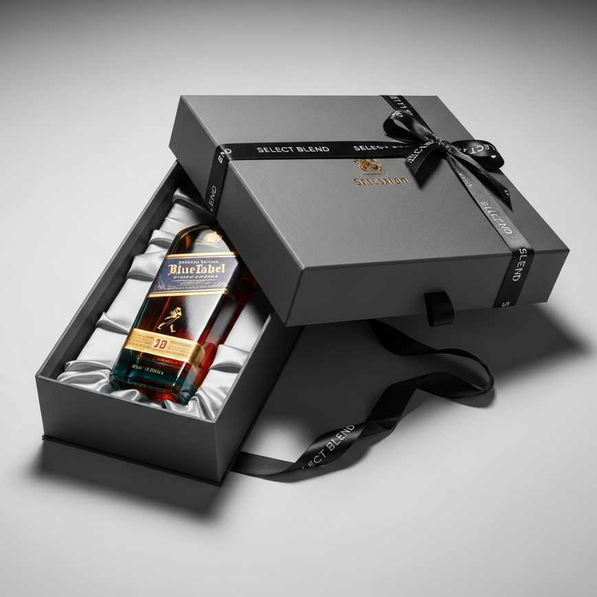 A close-up of a professional, luxury liquor gift pack showing a premium whisky bottle inside a sophisticated box with satin lining.