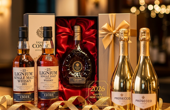 A festive display of New Year 2026 liquor gift bundles under RM500, featuring whisky, prosecco, and cognac, elegantly arranged for a Malaysian celebration.