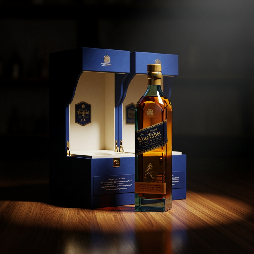 To illustrate the 'High-End Prestige (RM800 – RM1,500+)' category, focusing on an ultra-premium bottle like Johnnie Walker Blue Label to convey exclusivity and luxury for special occasions.