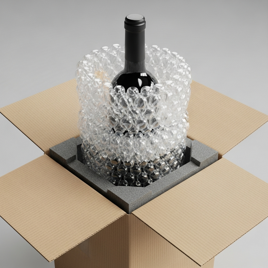 To visually demonstrate the 'Multi-Layer Protection System' by showing a bottle being securely packaged with high-quality materials.