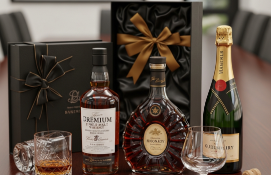 A luxurious arrangement of premium whisky, cognac, and champagne bottles presented as corporate gift sets on a dark wood table, suitable for business events in Malaysia.