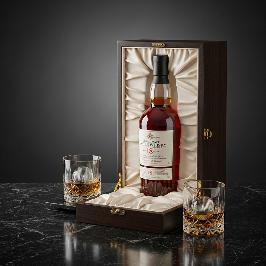 To illustrate the section on premium whisky, focusing on a high-value single malt gift set with its accompanying glassware and presentation box.