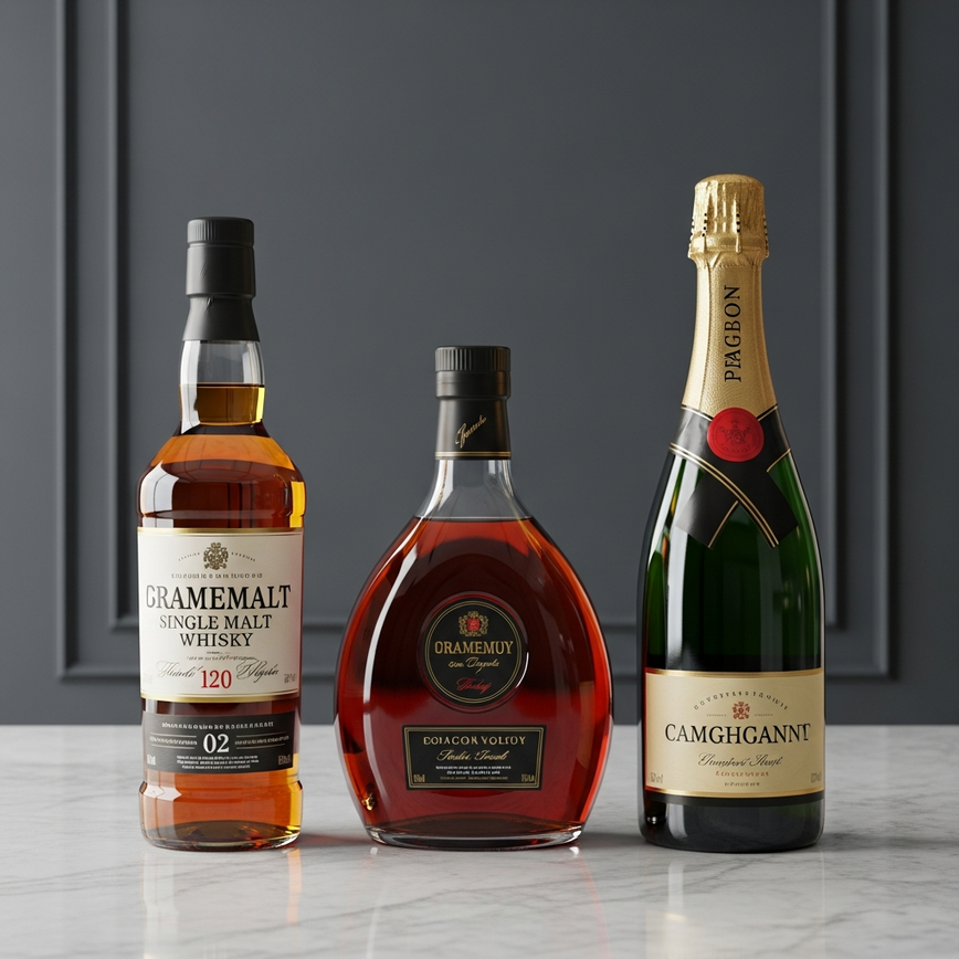 To visually represent the different categories of auspicious spirits discussed, showcasing a lineup of premium whisky, cognac, and champagne bottles with symbolic colors.