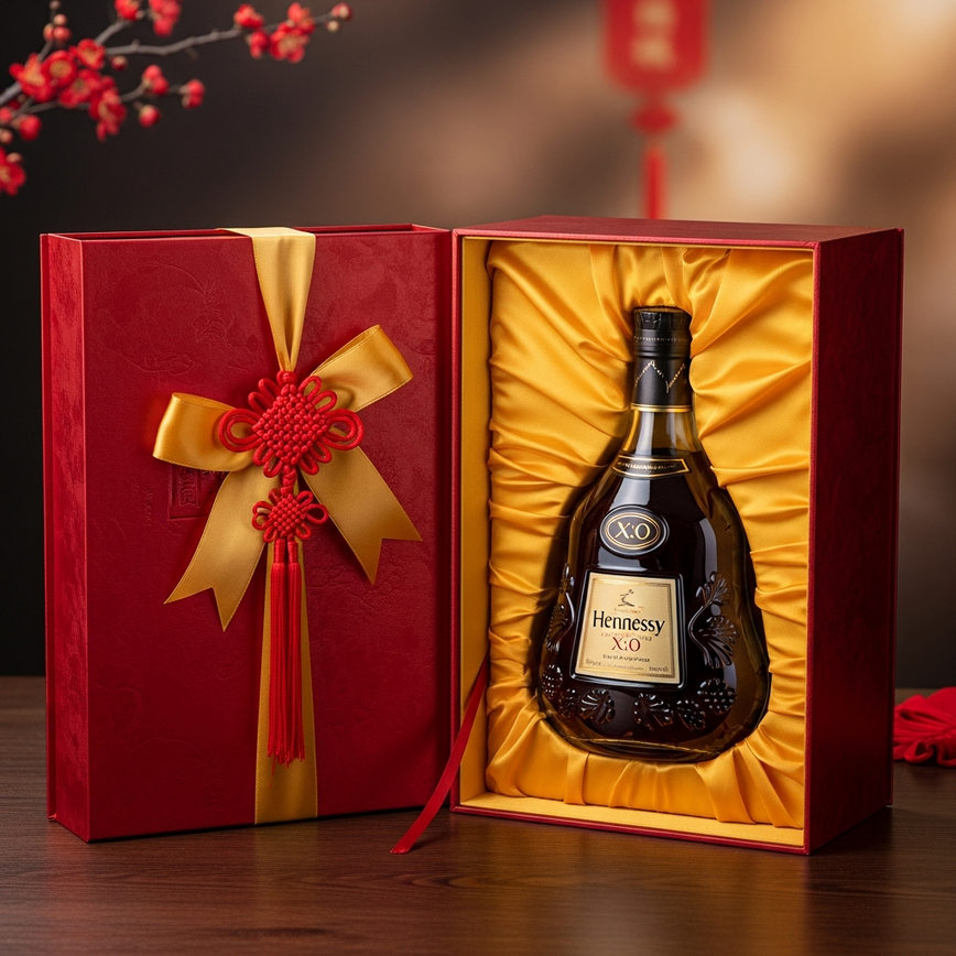 To illustrate the concept of 'Cultural Packaging and Presentation Excellence' by showing a premium bottle in a festive, culturally appropriate gift box.
