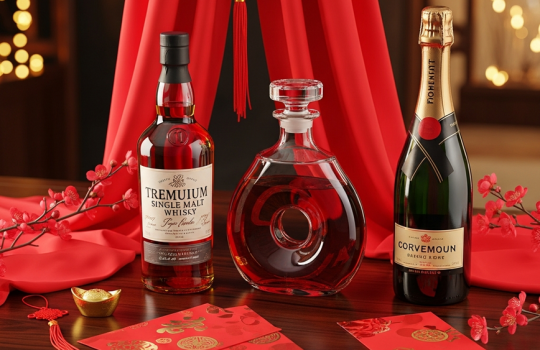 A luxurious arrangement of premium whisky, cognac, and champagne bottles for a Chinese New Year gift guide, surrounded by red and gold festive decorations on a wooden table.