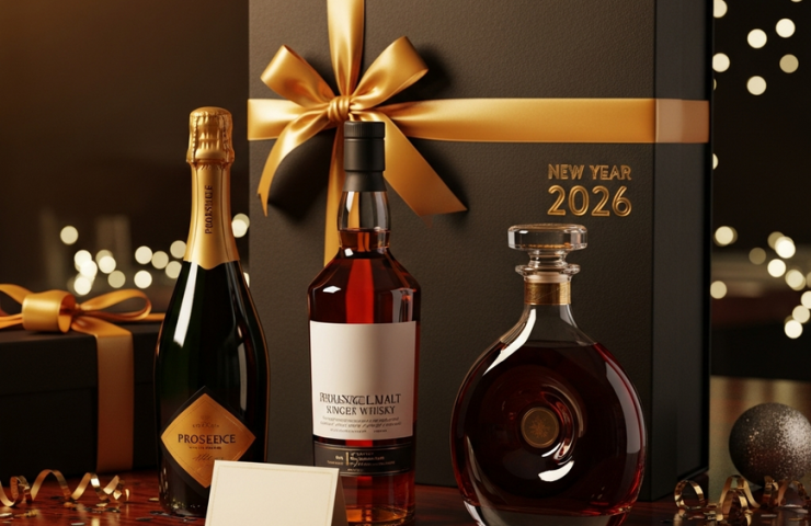 A luxurious arrangement of premium whisky, prosecco, and cognac bottles for a New Year 2026 gift guide, surrounded by elegant gift packaging and festive decorations.
