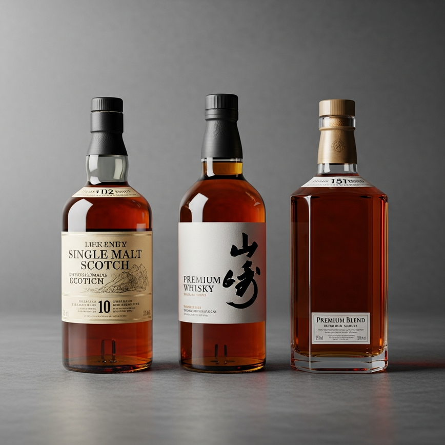 To visually differentiate the main whisky categories discussed in the article: Single Malt Scotch, Japanese Whisky, and Premium Blended Whisky, helping readers understand their distinct characteristics.