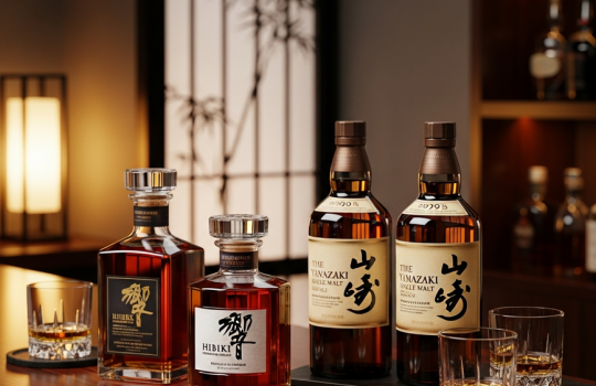 A premium collection of various Japanese whisky bottles, including Suntory and Nikka brands, elegantly displayed on a dark wood bar to represent the offerings in Malaysia.