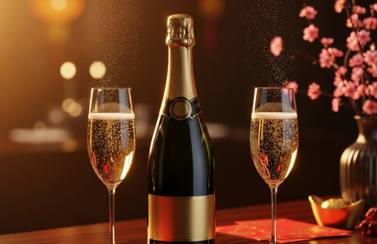 An elegant, premium champagne bottle and two crystal flutes arranged for a Chinese New Year celebration on a dark wood surface with red envelopes and festive decorations.