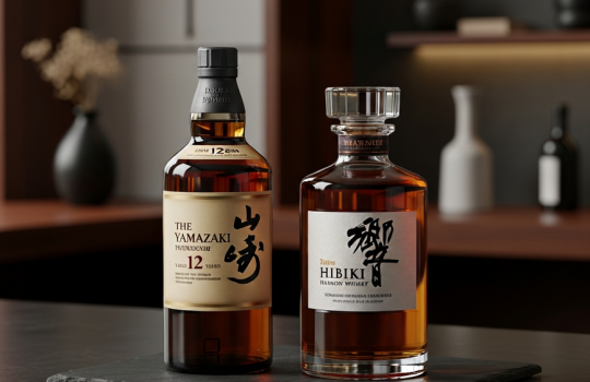 A premium side-by-side shot of a Yamazaki 12 Year Old bottle and a Hibiki Harmony decanter on a dark surface, representing a comparison of Suntory Japanese whiskies.
