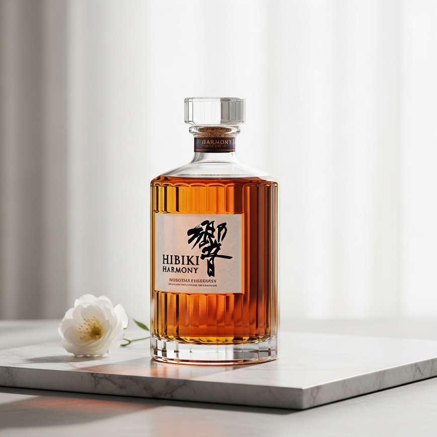 To illustrate the elegance and harmony of Hibiki blended whisky, highlighting its unique bottle design and approachable, sophisticated nature.