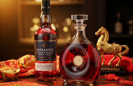 A luxurious Chinese New Year gift set for the Year of the Horse 2026, featuring premium whisky and cognac bottles with red and gold decorations and a golden horse figurine.