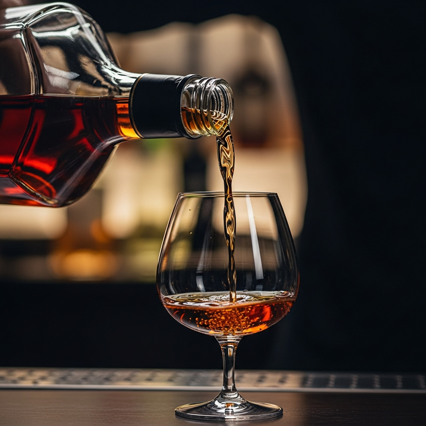 To illustrate the elegance and luxury of cognac as a prosperity gift, focusing on the act of pouring, which adds a dynamic and appealing element.