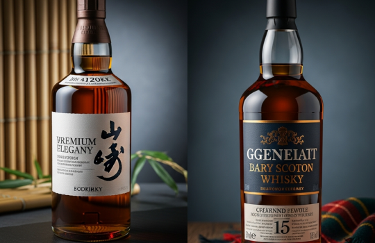 A premium bottle of Japanese whisky and a classic bottle of Scotch whisky displayed side-by-side to represent a comparison for a Malaysian audience.