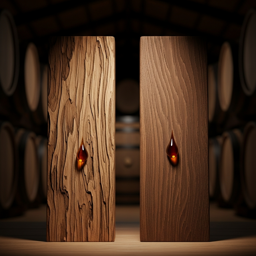 To visually illustrate the key difference in wood maturation, contrasting the rare Japanese Mizunara oak with the traditional oak casks used for Scotch.
