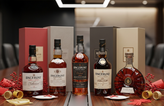 An elegant arrangement of premium whisky and cognac bottles prepared for corporate Chinese New Year gifting, complete with luxury gift boxes and festive red and gold decorations on a boardroom table.