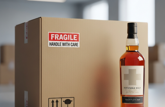 A professionally packaged liquor shipping box with fragile stickers next to a premium bottle of whisky, representing safe and reliable liquor delivery in Malaysia.