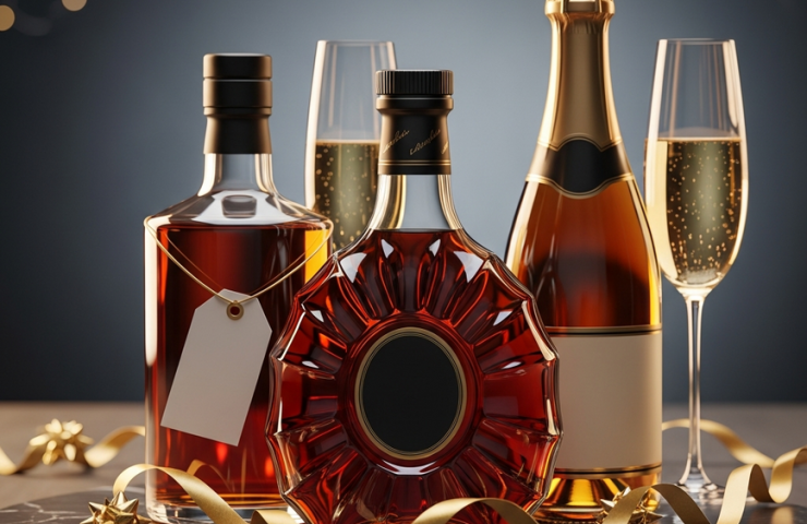A luxurious arrangement of premium whisky, cognac, and champagne bottles for a 2026 New Year gift guide in Malaysia, set against a dark, elegant background with festive gift elements.