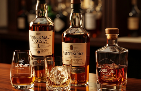 A sophisticated lineup of three distinct whisky types—a single malt, a blended scotch, and a bourbon—each with its corresponding glass on a dark wooden bar, illustrating a guide for Malaysian buyers.
