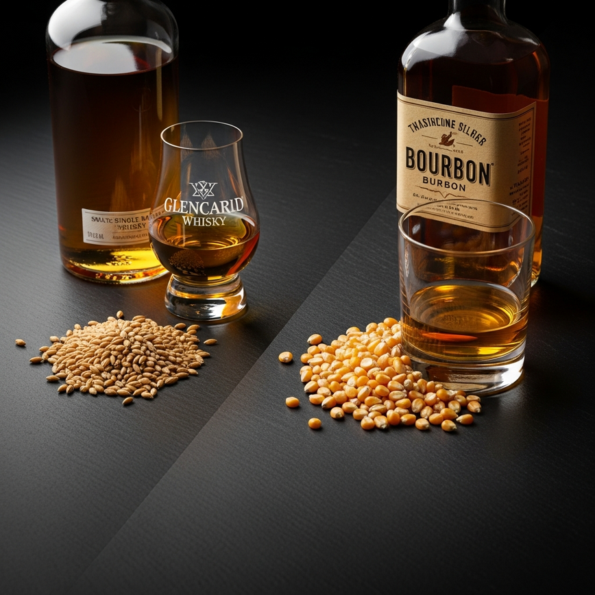 To visually illustrate the fundamental ingredient difference between Single Malt Scotch (malted barley) and Bourbon (corn), reinforcing a key concept from the article.