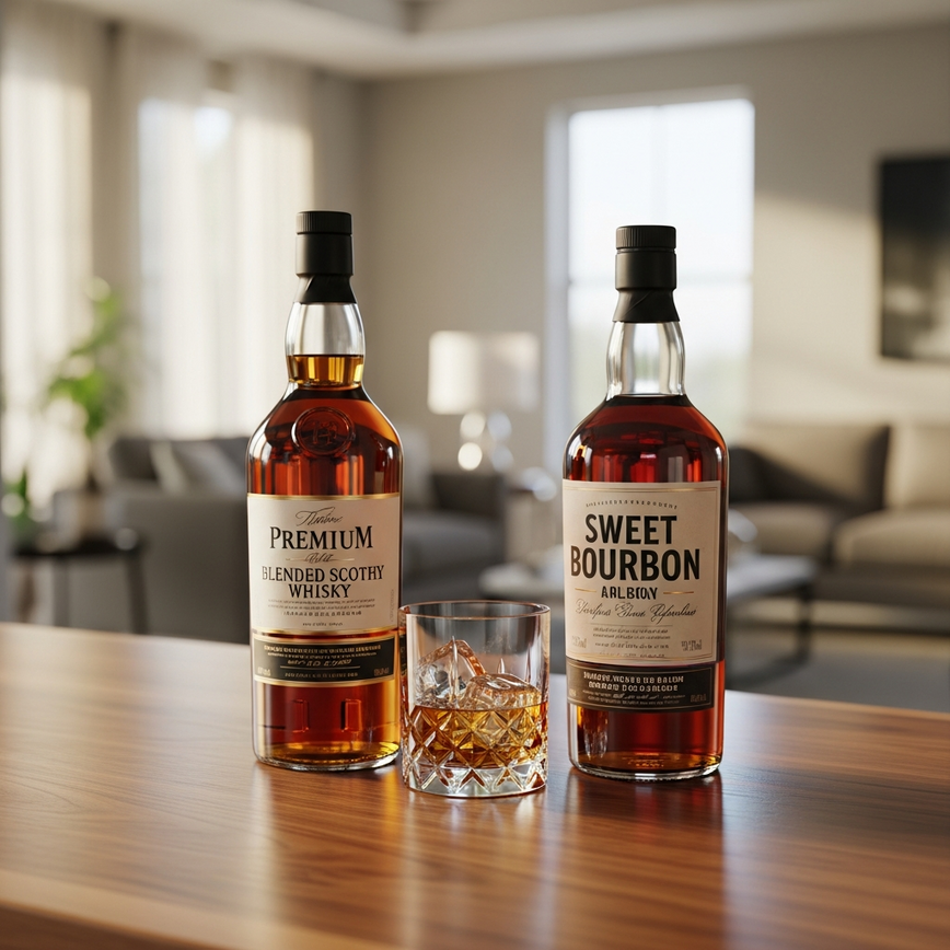 To showcase approachable and recommended starting whiskies for beginners, featuring a Blended Scotch and a Bourbon in a welcoming, non-intimidating setting.
