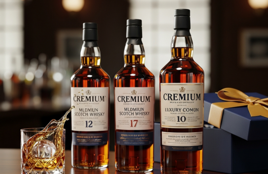 An elegant lineup of three premium Scotch whisky bottles on a dark wood bar, representing different price points for a Malaysian whisky gift guide.