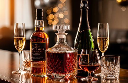 A luxurious lineup of premium spirits including whisky, cognac, and champagne, arranged on a dark wood bar for a stylish 2026 New Year's celebration in Malaysia.