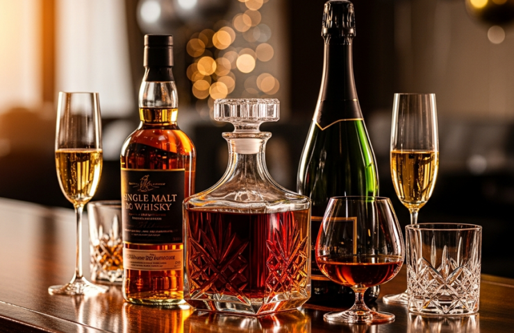 A luxurious lineup of premium spirits including whisky, cognac, and champagne, arranged on a dark wood bar for a stylish 2026 New Year's celebration in Malaysia.