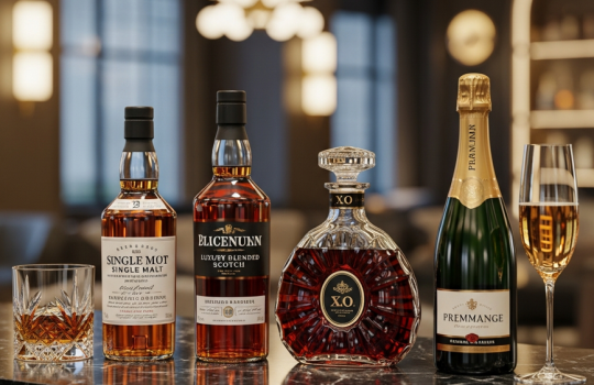 A luxurious lineup of premium spirits including whisky, cognac, and champagne on a marble bar, representing a Malaysian pricing guide for 2026.