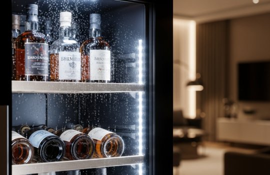 A collection of premium whisky bottles stored perfectly inside a modern, temperature-controlled wine chiller, illustrating proper storage for the Malaysian climate.