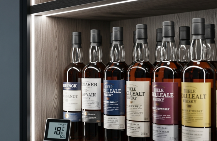 A sophisticated home whisky collection stored upright on dark wooden shelves in a climate-controlled room, illustrating proper storage techniques for the Malaysian climate.