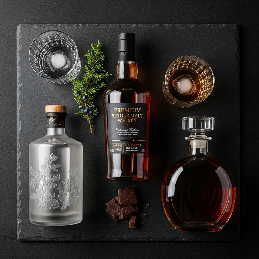 To visually introduce the diverse range of spirits covered in the guide, showcasing different types like whisky, gin, and cognac in a sophisticated composition.