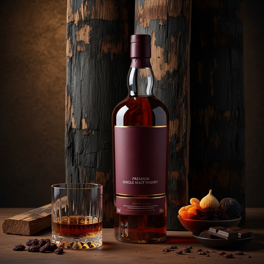 To visually explain the concept of sherry cask maturation contributing to a whisky's creamy texture, by showing the cask, the final product, and flavor-note ingredients together.