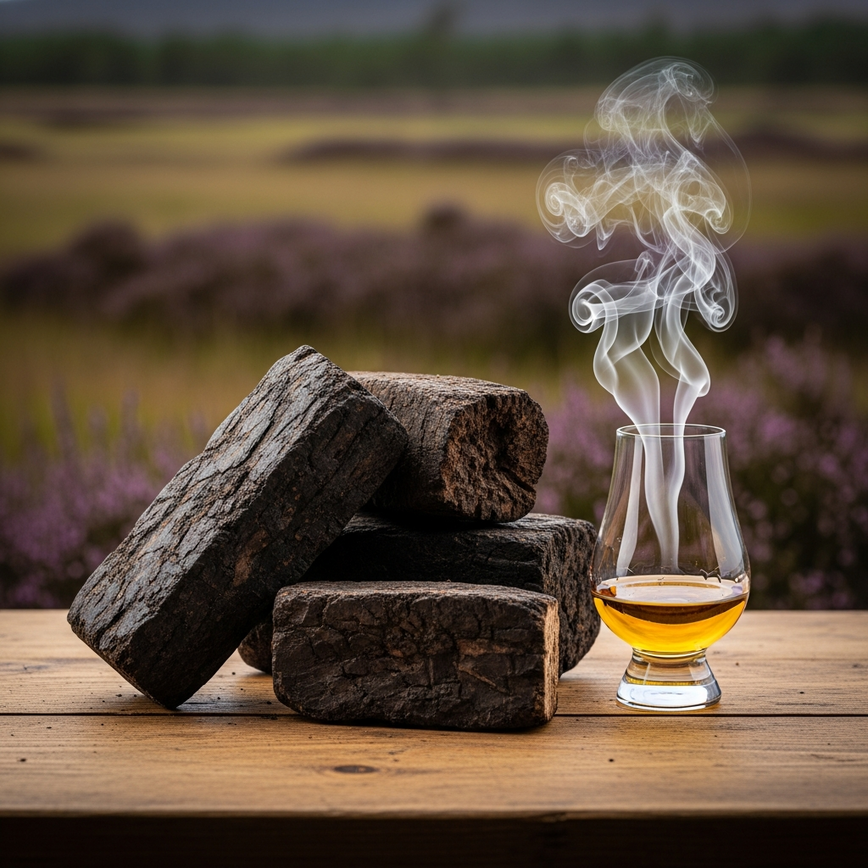 To visually explain the origin of peat flavour in whisky, showing the raw material next to the final product.