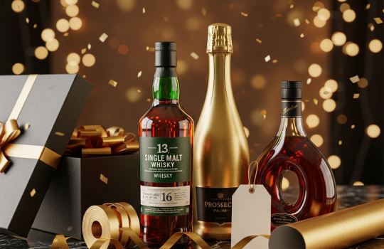 A luxurious arrangement of premium whisky, prosecco, and cognac bottles with elegant gift wrapping, symbolizing New Year 2026 liquor gifts under RM500 available in Malaysia.