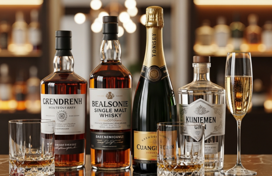 A luxurious arrangement of premium spirits including whisky and champagne, set up for a 2026 celebration, illustrating the choice between DIY and professional packages.