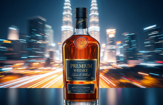 A premium whisky bottle dramatically lit against a blurred background of city lights at night, symbolizing fast, emergency spirits delivery in Malaysia for last-minute celebrations.