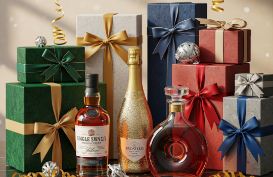 A luxurious arrangement of various liquor bottles including whisky and prosecco, presented as New Year 2026 gift bundles under RM500 on a marble table with festive decorations.